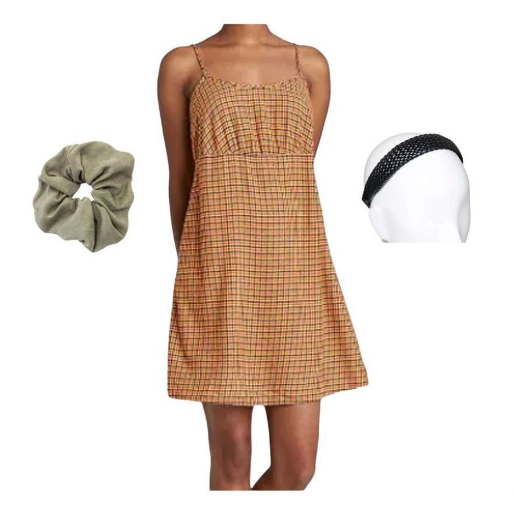 XS Brown Plaid Woven Slip-over Dress w/ Universal Threads Headband & Twister